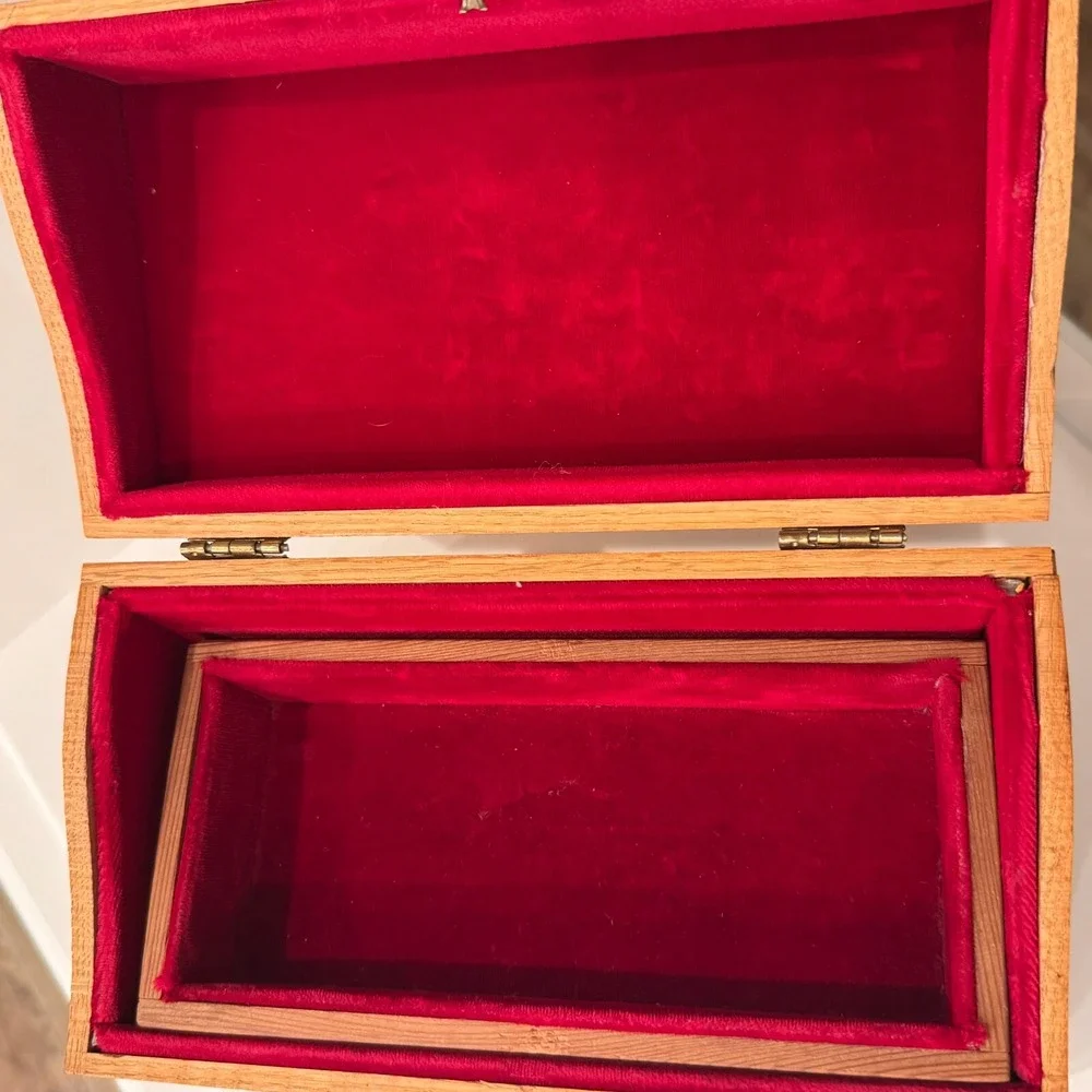 Vintage Wooden Jewelry Box Hinged Hidden Drawer Design Folk Art Detail‎